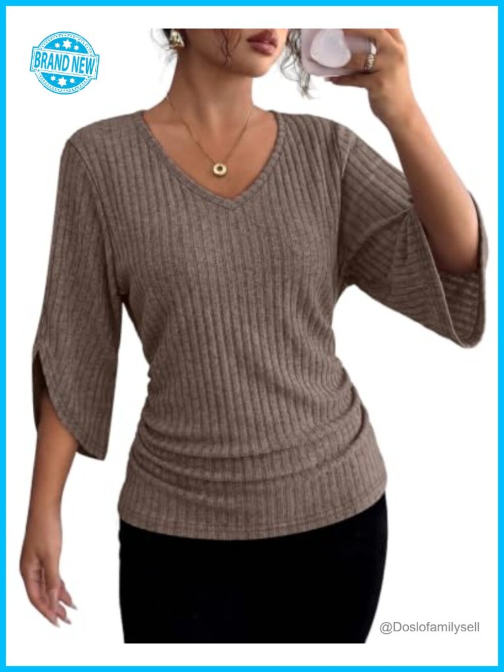 Womens 3/4 Sleeve V Neck Ribbed Knit Top Casual Dressy Fall Blouse